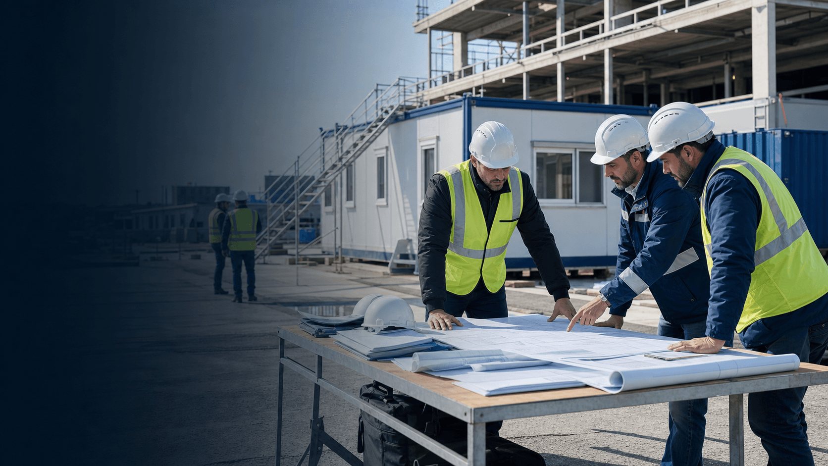 Coordination d'un chantier avec base vie et équipes en discussion